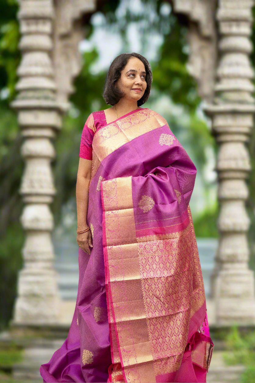 Dull Purple Kanjivaram saree with pink border