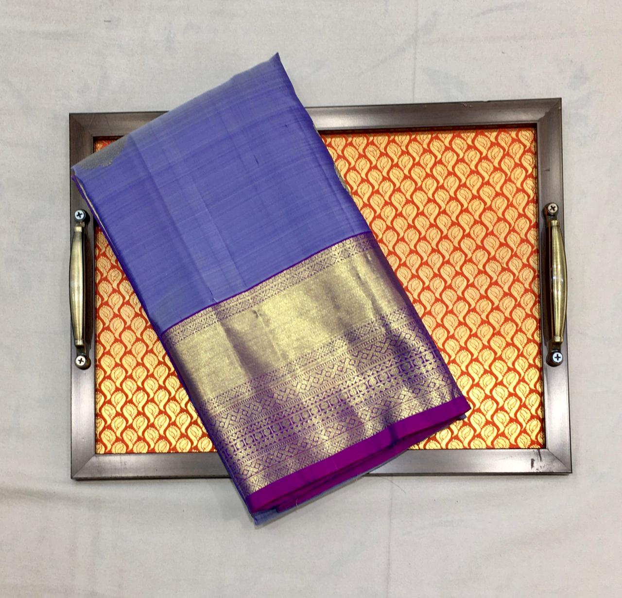 Dusky Blue Kanjivaram Silk Saree With Purple Pallu