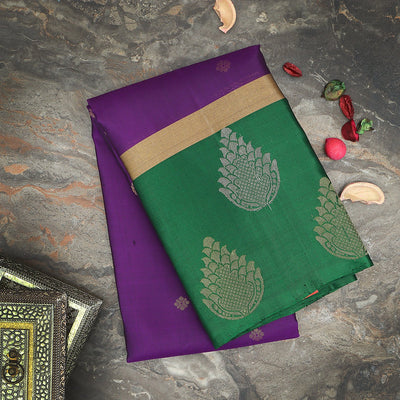 Egg plant Violet Kanjivaram Saree with Dark Green Border| SILK MARK CERTIFIED - MIRASILKS Egg plant Violet Kanjivaram Saree with Dark Green Border| SILK MARK CERTIFIED 