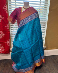 Electric Blue Silk Cotton Saree With Meenakari Design