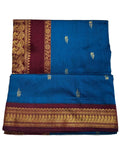 Electric Blue Silk cotton Saree with Peacock Motif Maroon Border