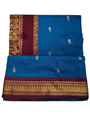Electric Blue Silk cotton Saree with Peacock Motif Maroon Border