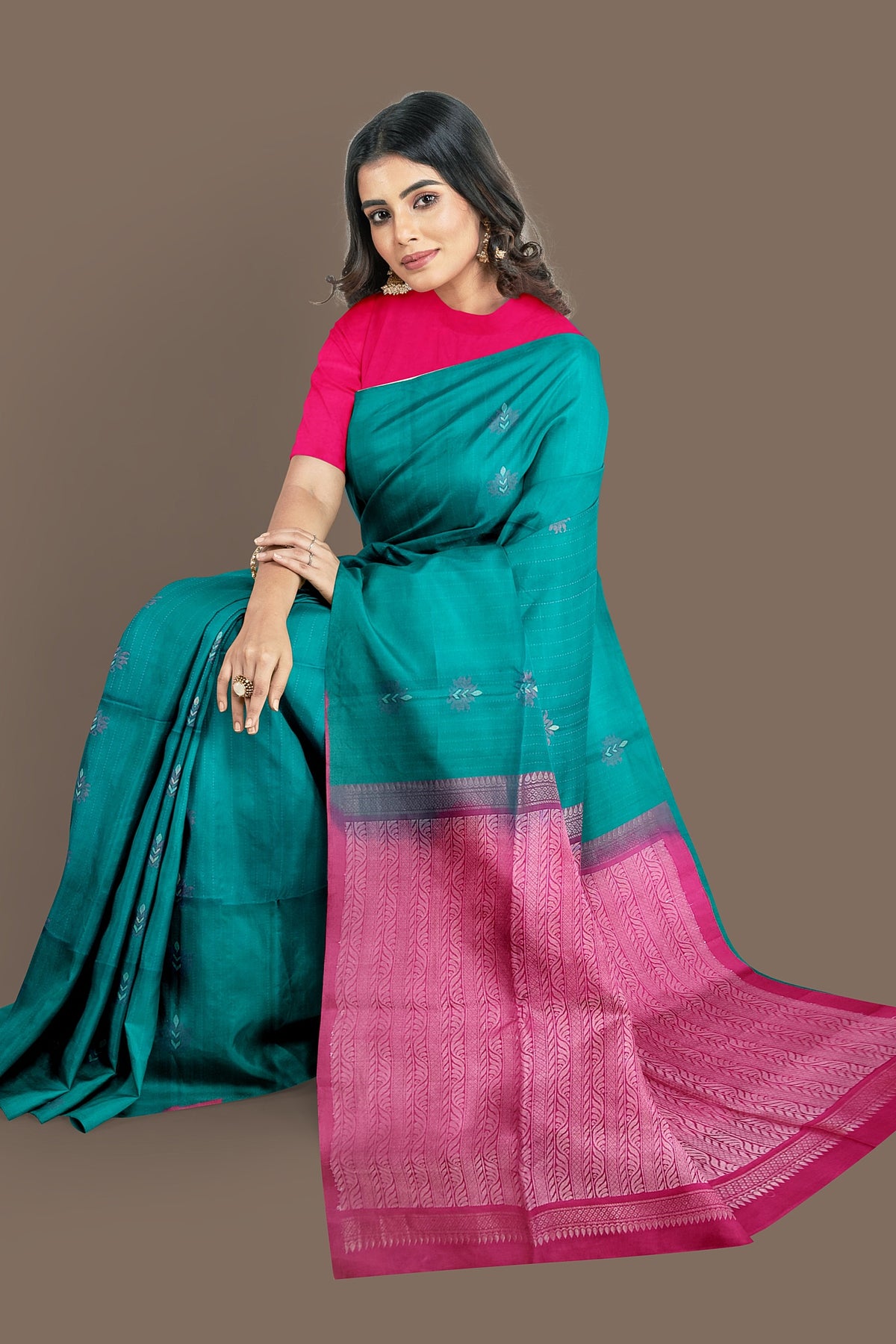 Emerald green with pink soft silk saree