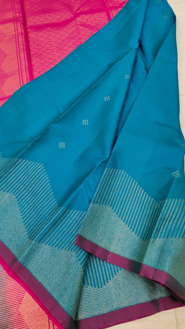 French Blue Soft Silk Saree with Deep Rose Pallu