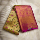 Gold tissue floral Silk Saree with Rani Pink and Zari Border - MIRASILKS Gold tissue floral Silk Saree with Rani Pink and Zari Border 