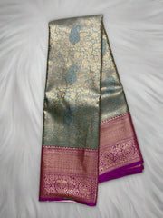 Gold and Grey Viscose Silk Saree with Magenta Border