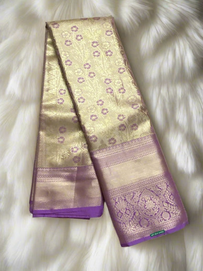 Golden Tissue semi Silk Saree With Kanchi Lavender Border - MIRASILKS Golden Tissue semi Silk Saree With Kanchi Lavender Border 