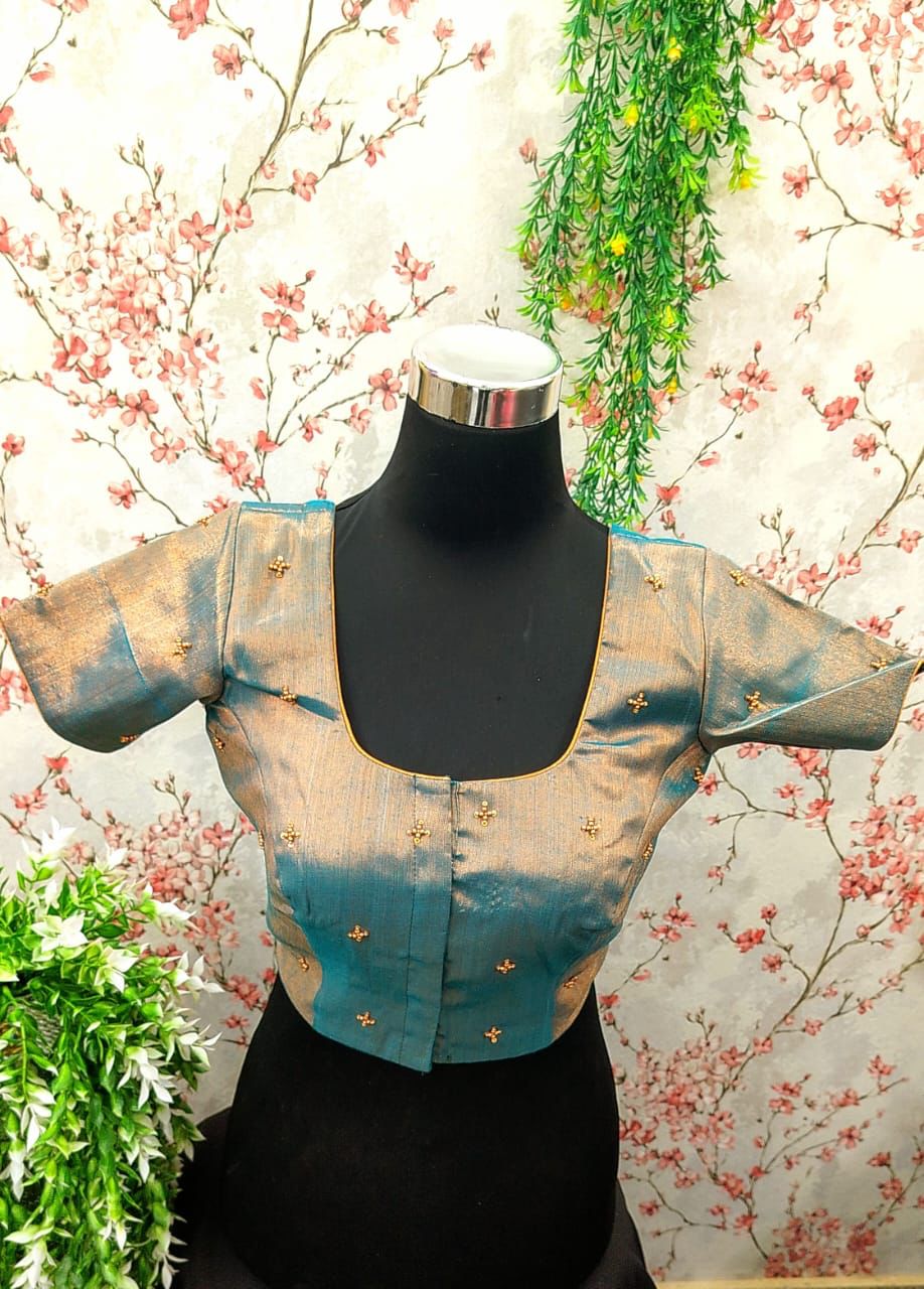 Green Gold Saree Blouse with Butta Work