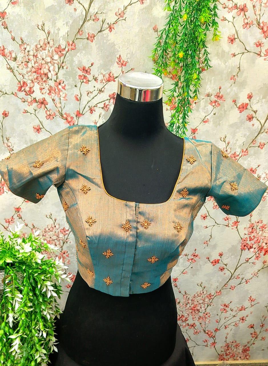Greenish Brass Gold Saree Blouse with Aari Work