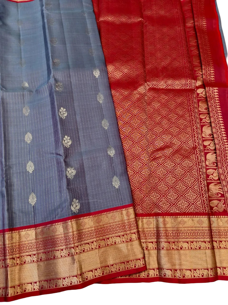 Grey Kanjivaram Saree with Red Pallu and Border