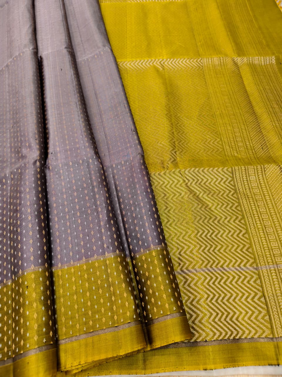 Grey Soft Silk Saree with Ochre Pallu and Border