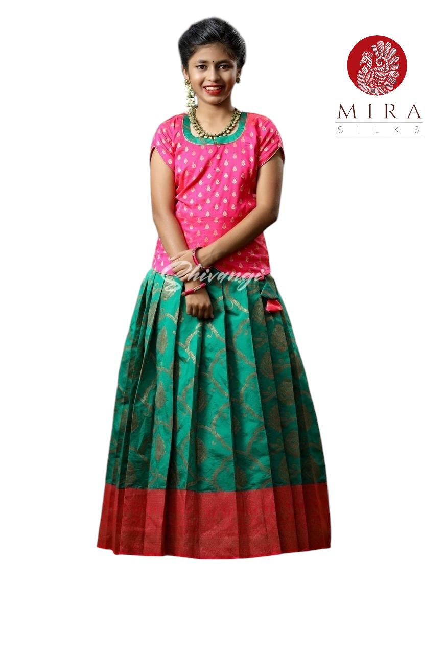 Hot Pink and Bottle Green Pattu Pavadai Set