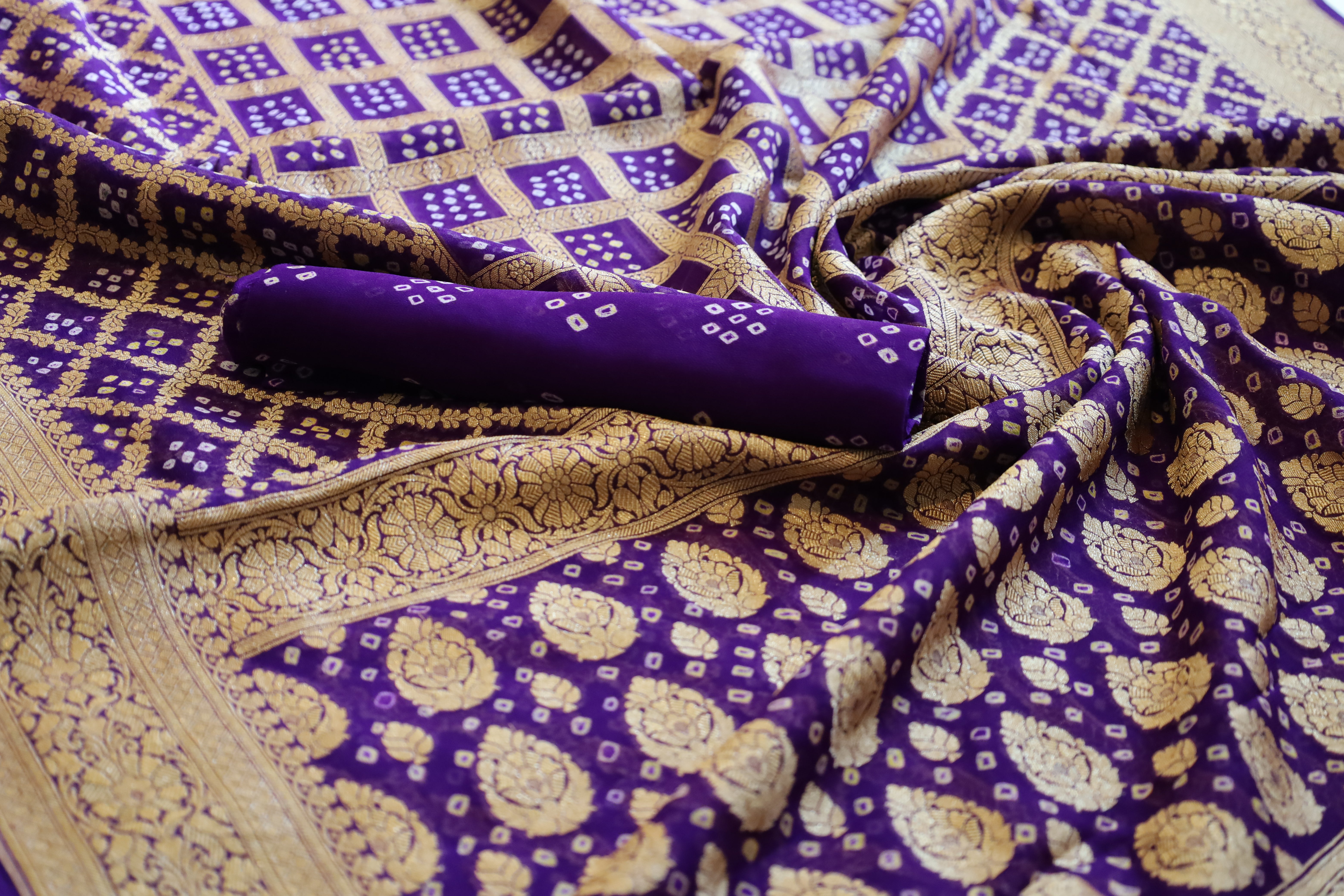 Violet Georgette Bandhini Design Banarasi Saree