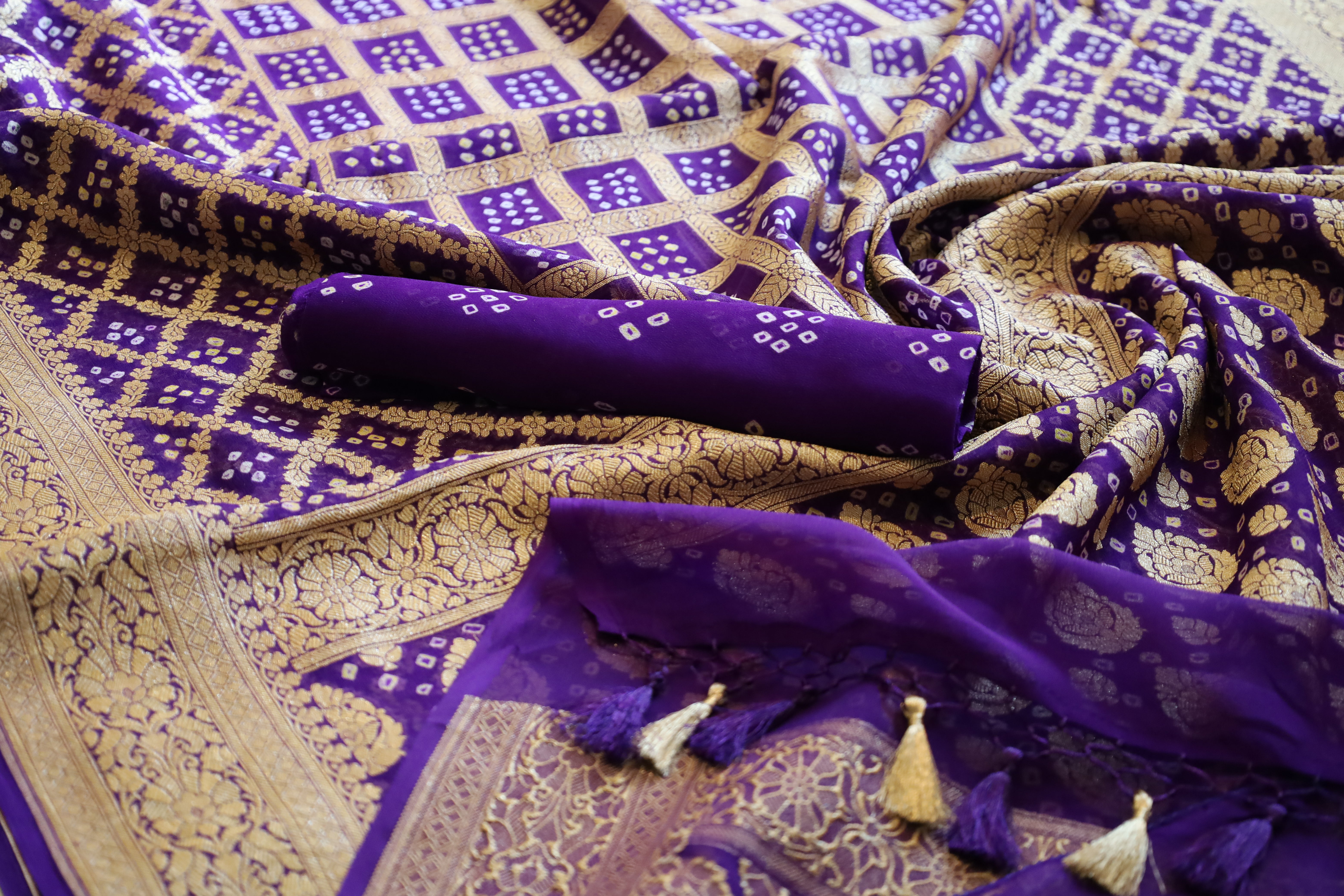 Violet Georgette Bandhini Design Banarasi Saree