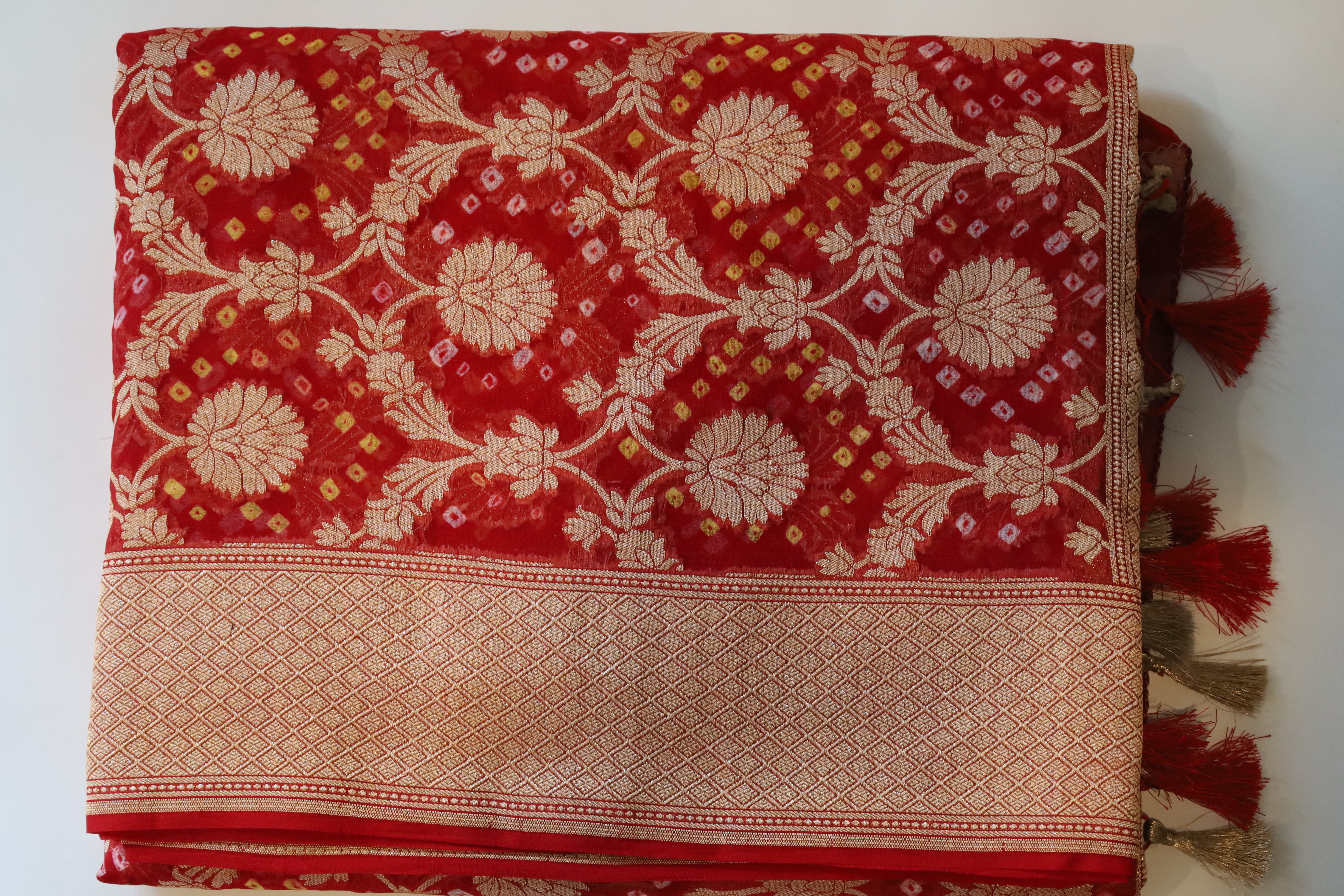 Red Georgette Bandhini design Banarasi wedding saree