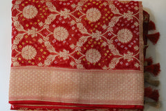 Red Georgette Bandhini design Banarasi wedding saree