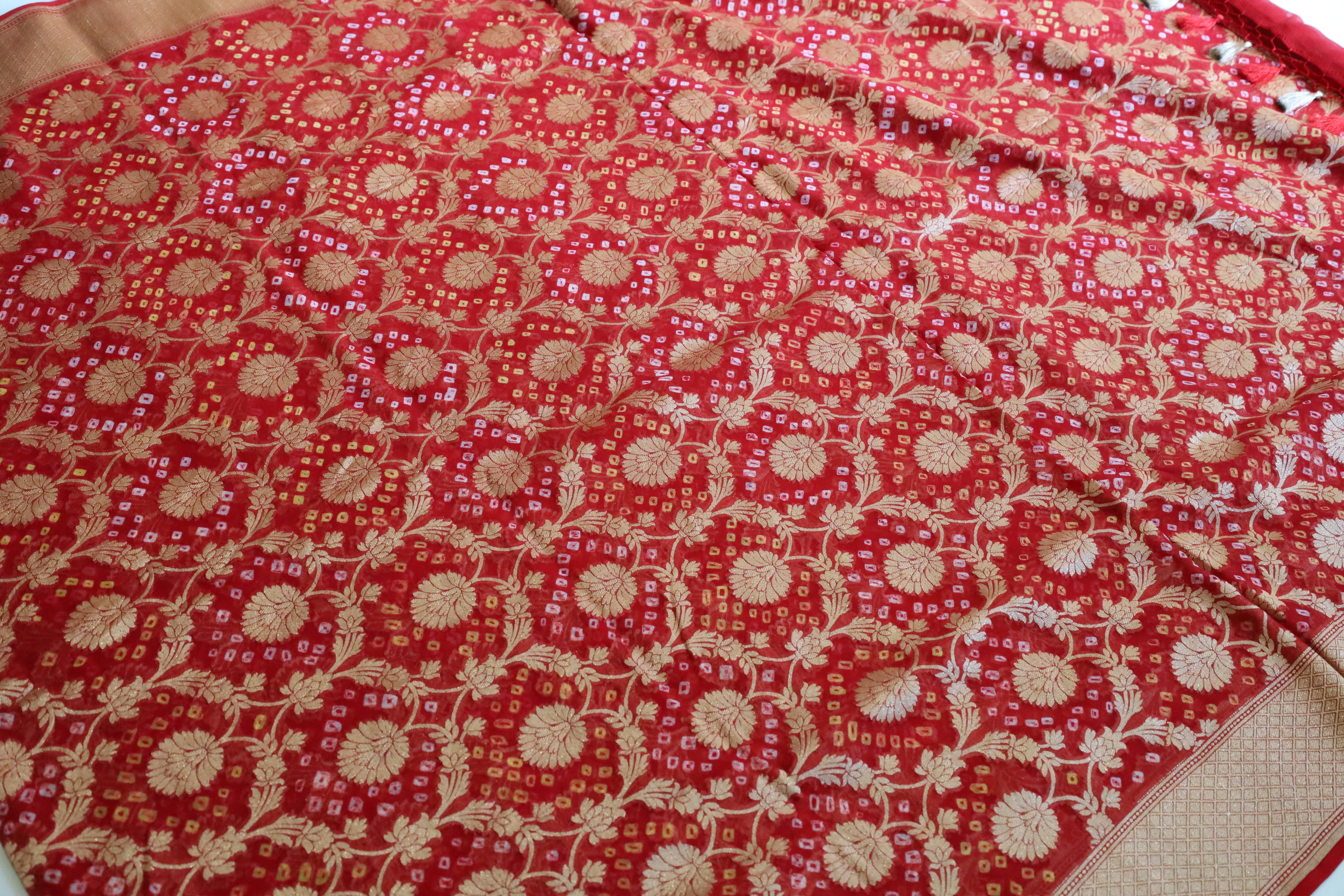 Red Georgette Bandhini design Banarasi wedding saree
