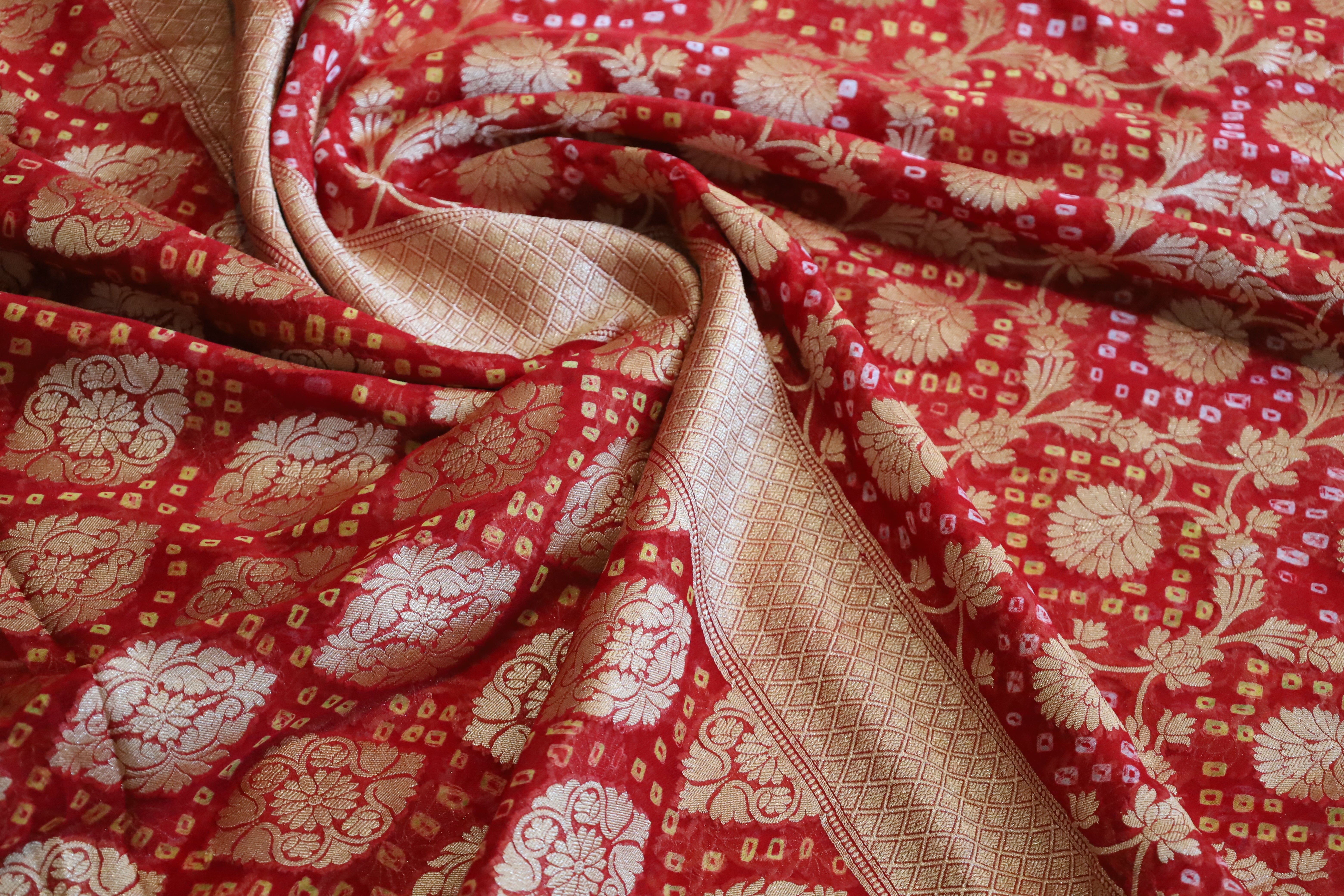 Red Georgette Bandhini design Banarasi wedding saree