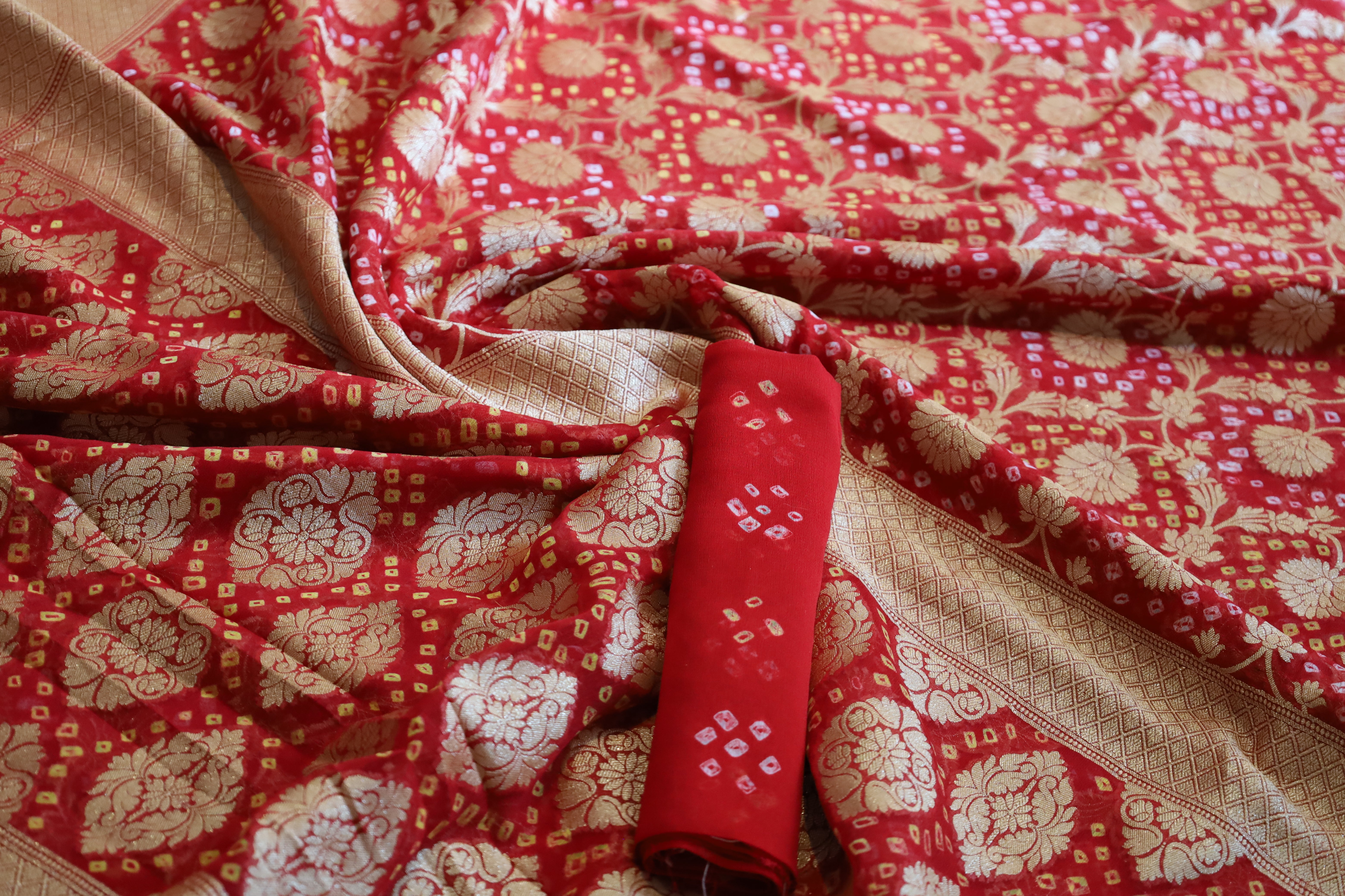 Red Georgette Bandhini design Banarasi wedding saree