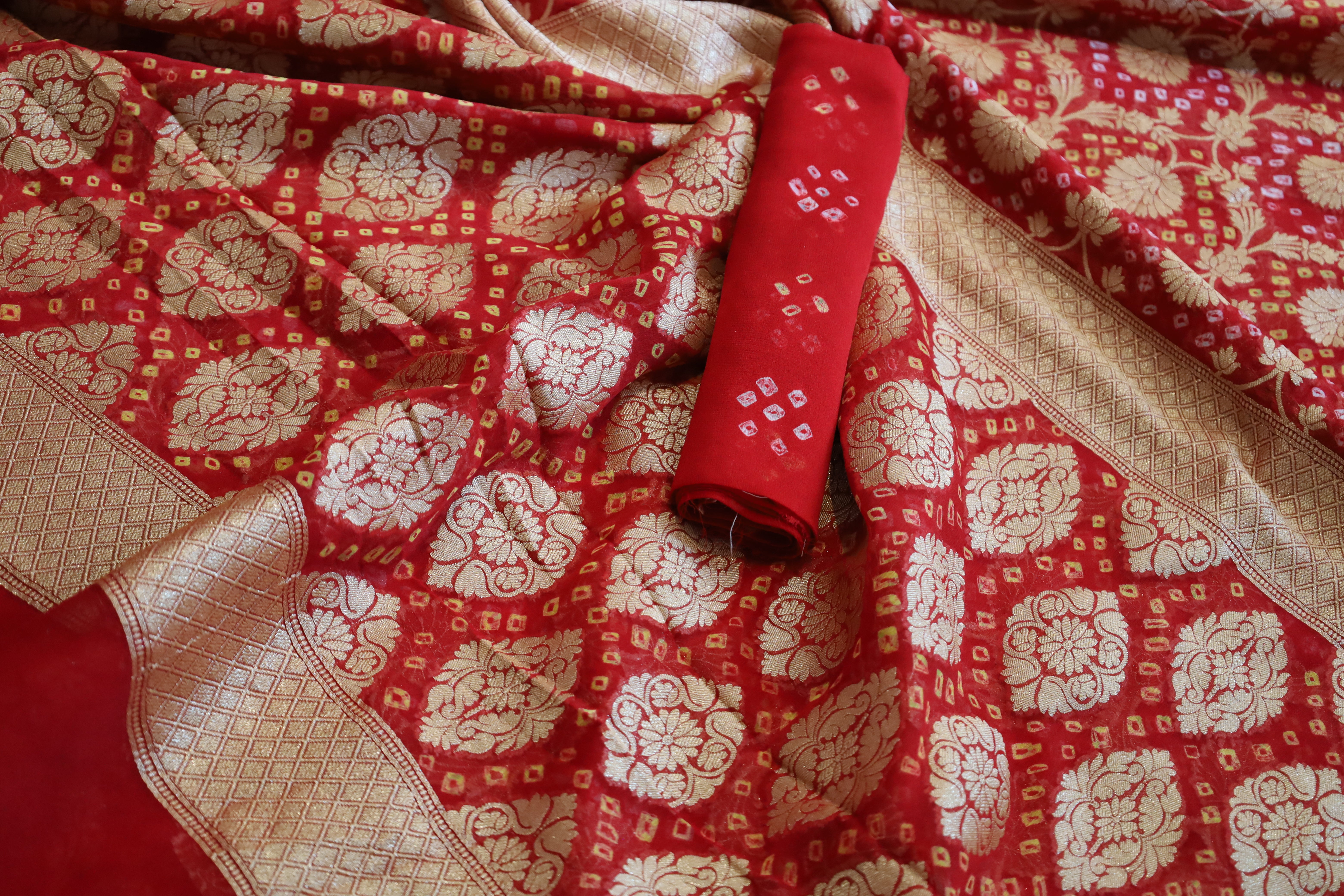 Red Georgette Bandhini design Banarasi wedding saree