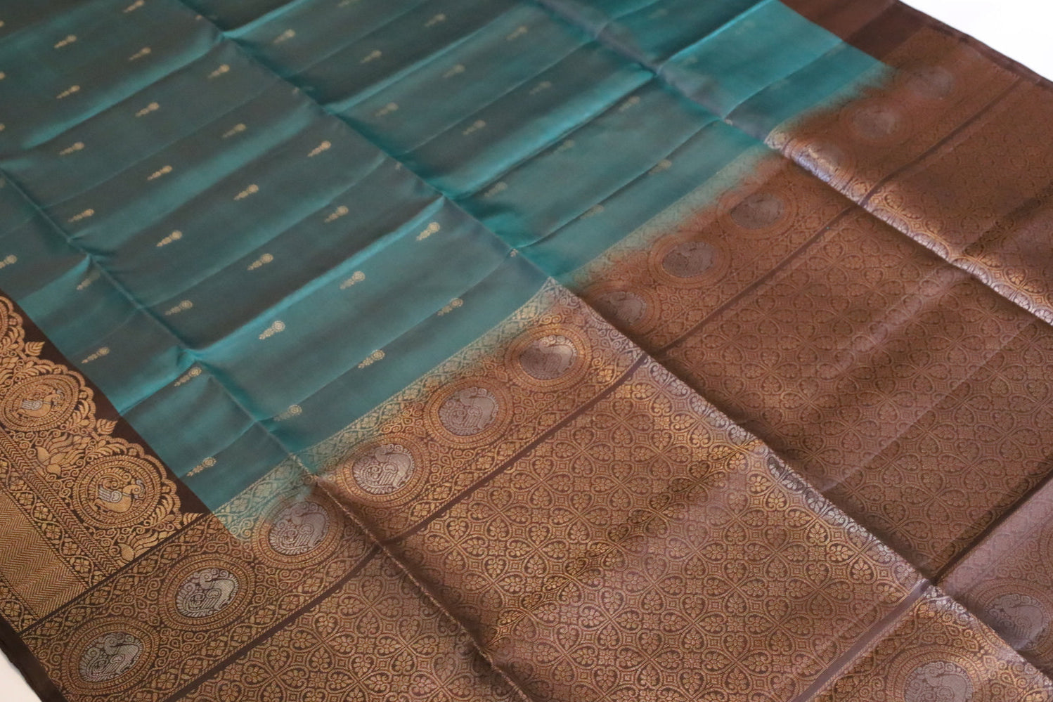 Topaz Blue Soft Silk Saree With Brown Pallu