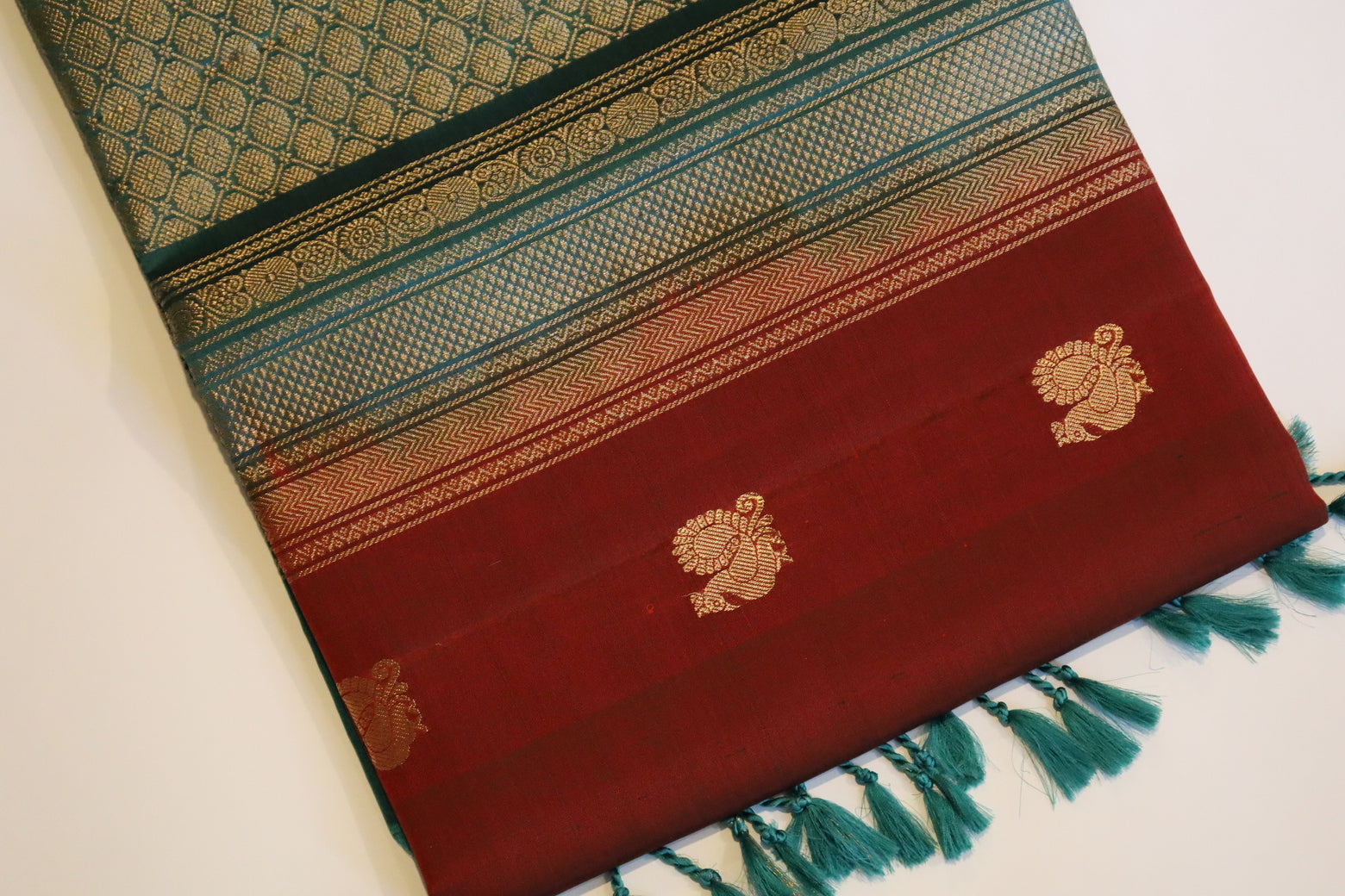 Deep Carmine Red Soft Silk Saree With Blue Pallu