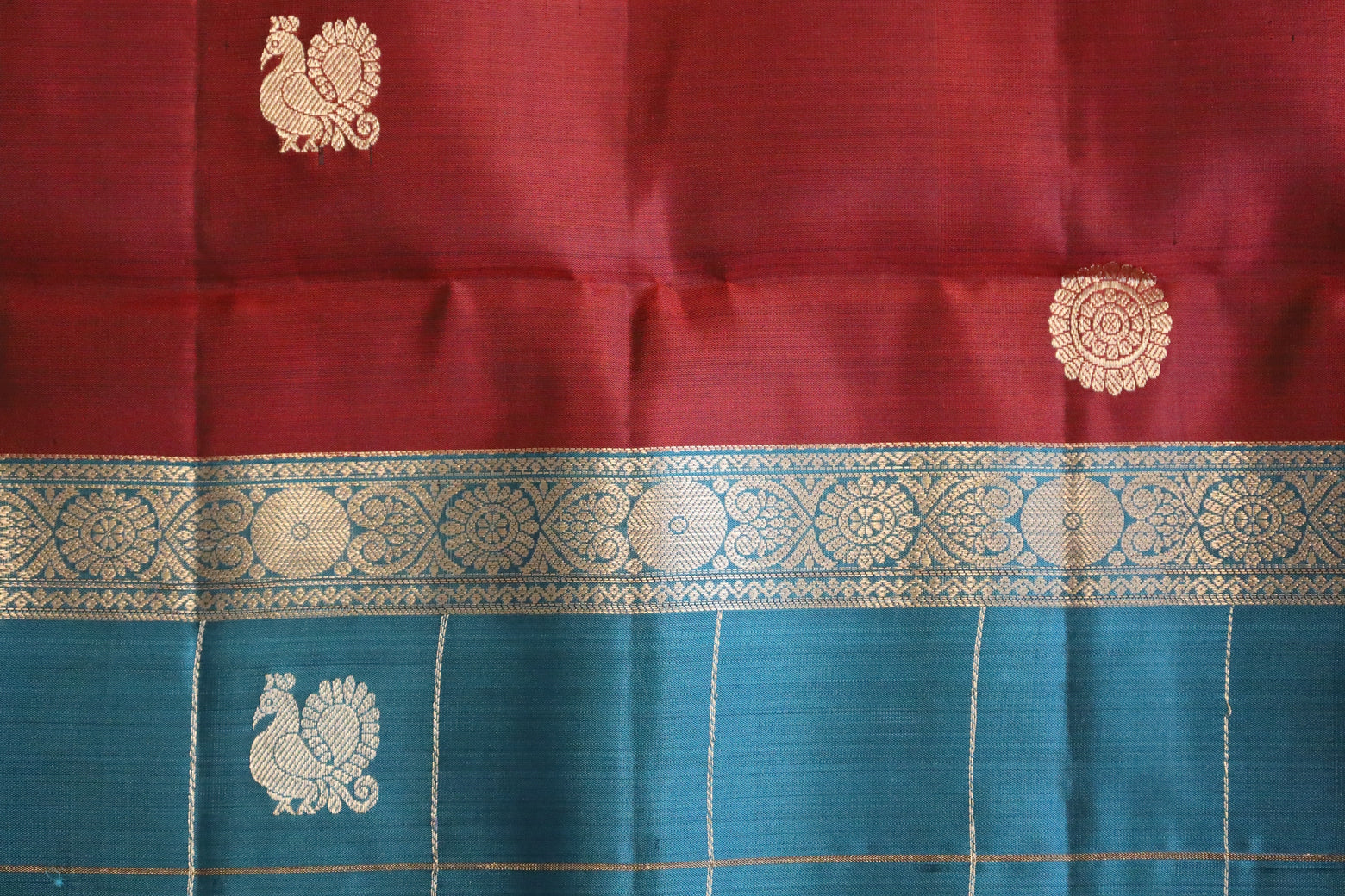 Deep Carmine Red Soft Silk Saree With Blue Pallu