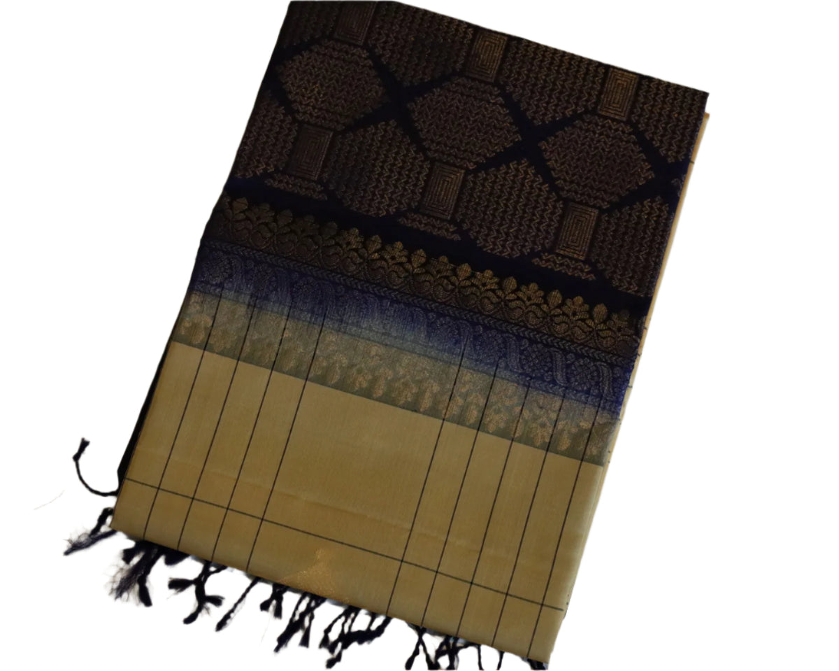 Cream Soft Silk Saree With Dark Blue Pallu