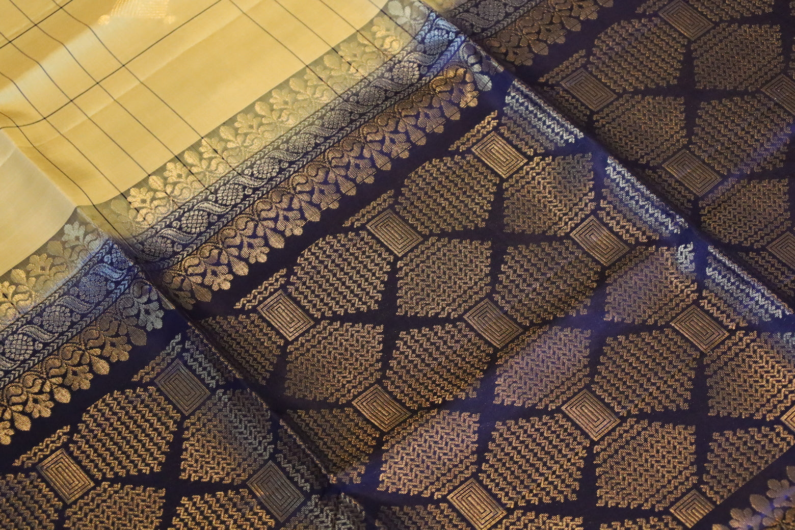 Cream Soft Silk Saree With Dark Blue Pallu 2