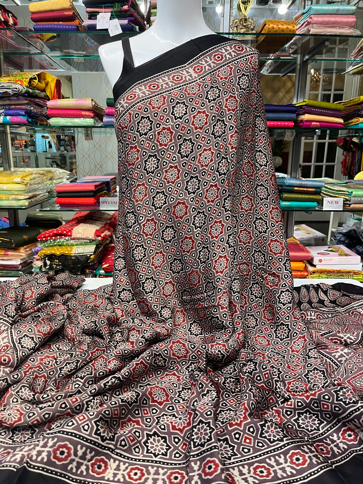 Warm Gray modal silk saree with Ajrakh print