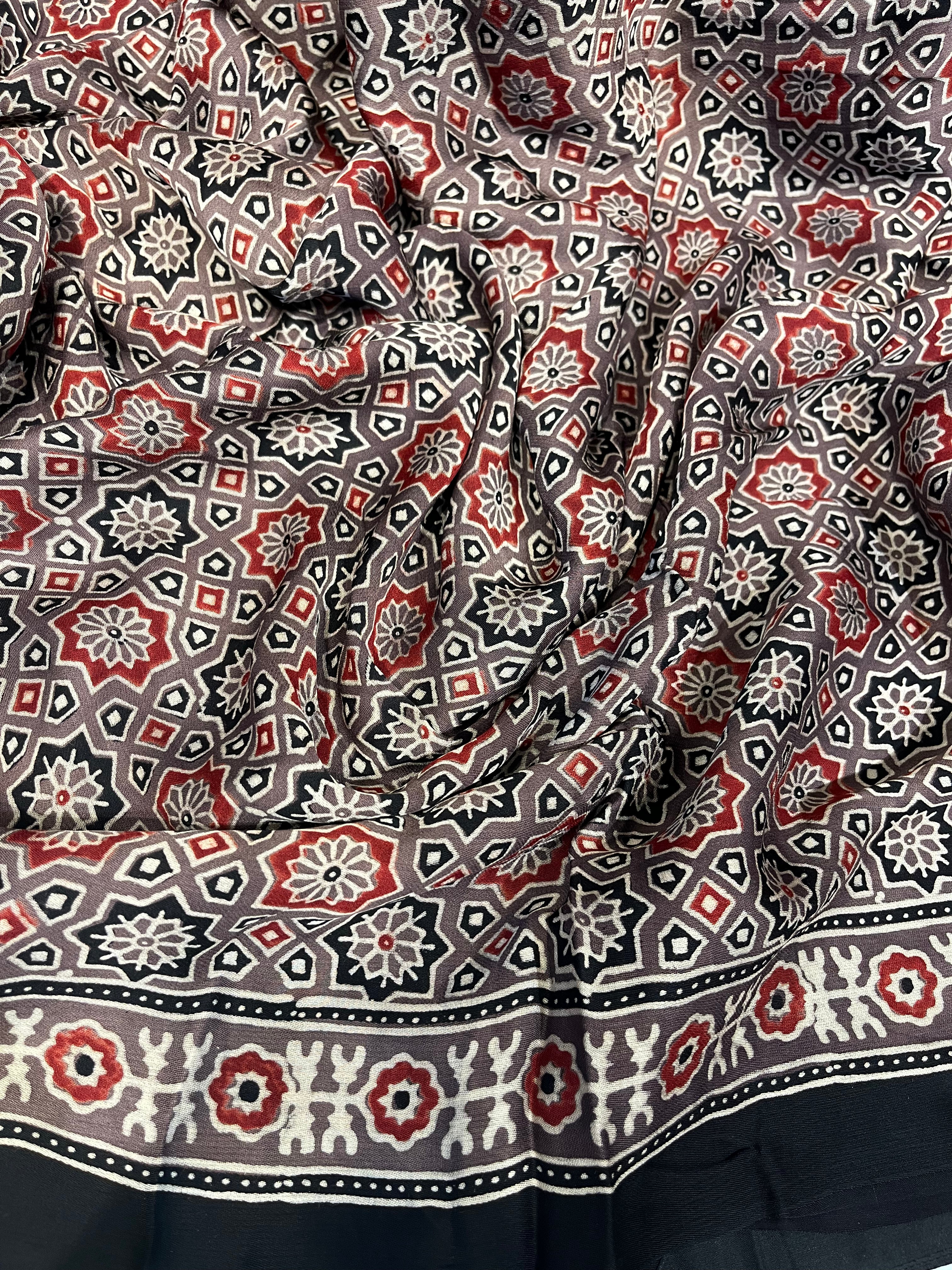 Warm Gray modal silk saree with Ajrakh print