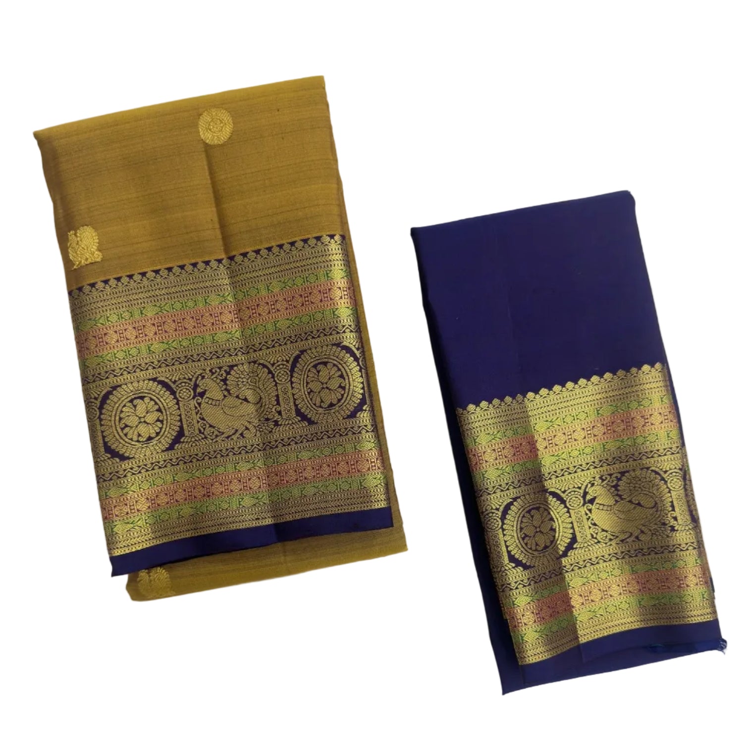 Mustard Kanjivaram Saree with Dark Violet Pallu & Peacock Border
