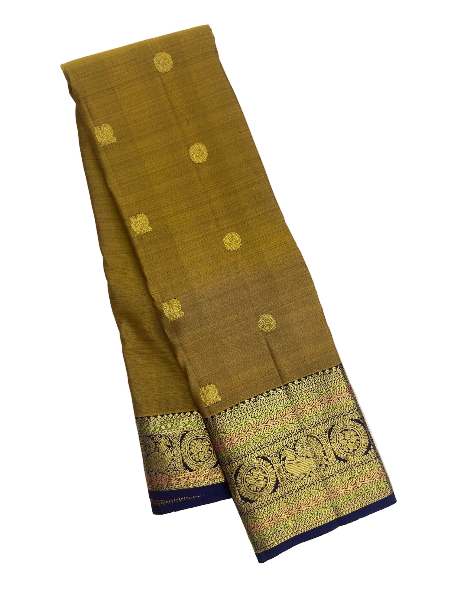 Mustard Kanjivaram Saree with Dark Violet Pallu & Peacock Border