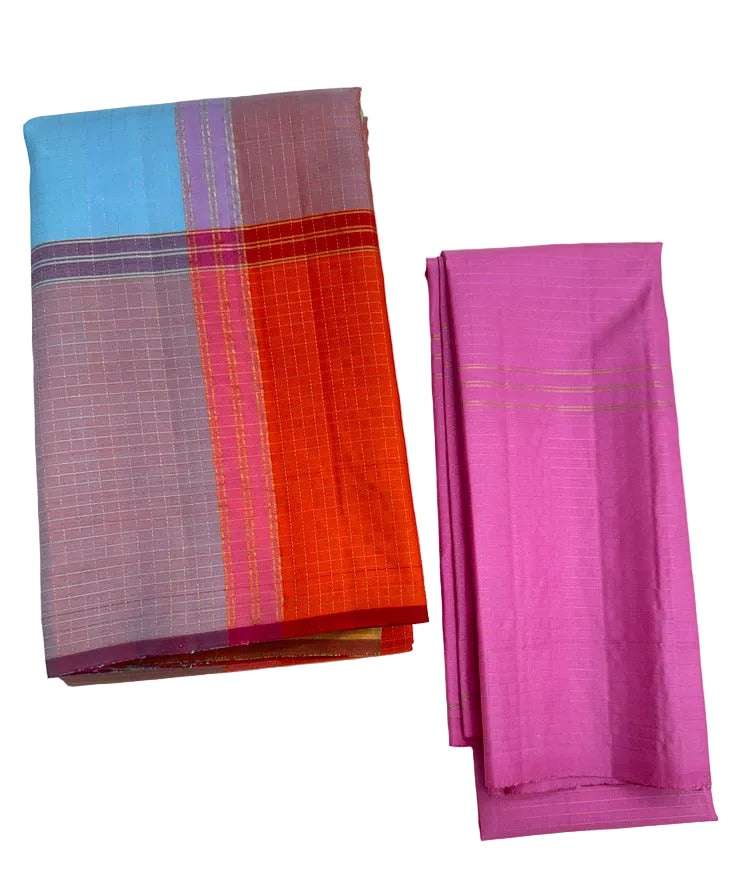 Multicolor Kanjivaram Saree with Rosy Pink Border