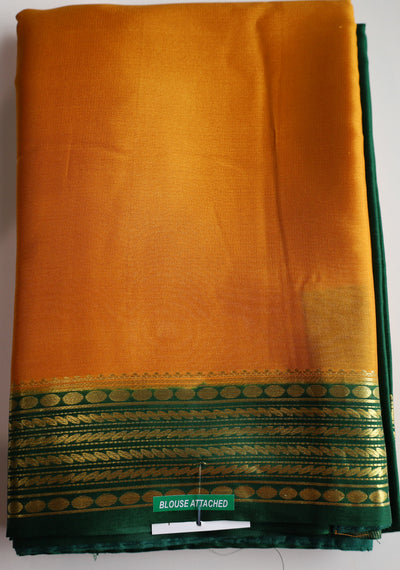 Mustard Yellow Mysore Silk Saree With Dark Green Border