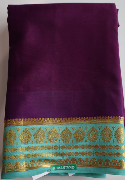 Wine Color Mysore Silk Saree With  Turquoise Blue Border