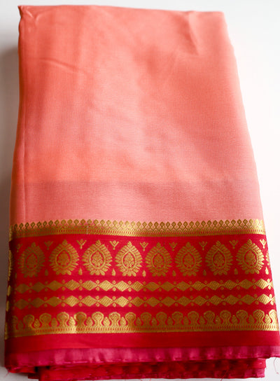 Peach Color Mysore Silk Saree With Bright Red Border
