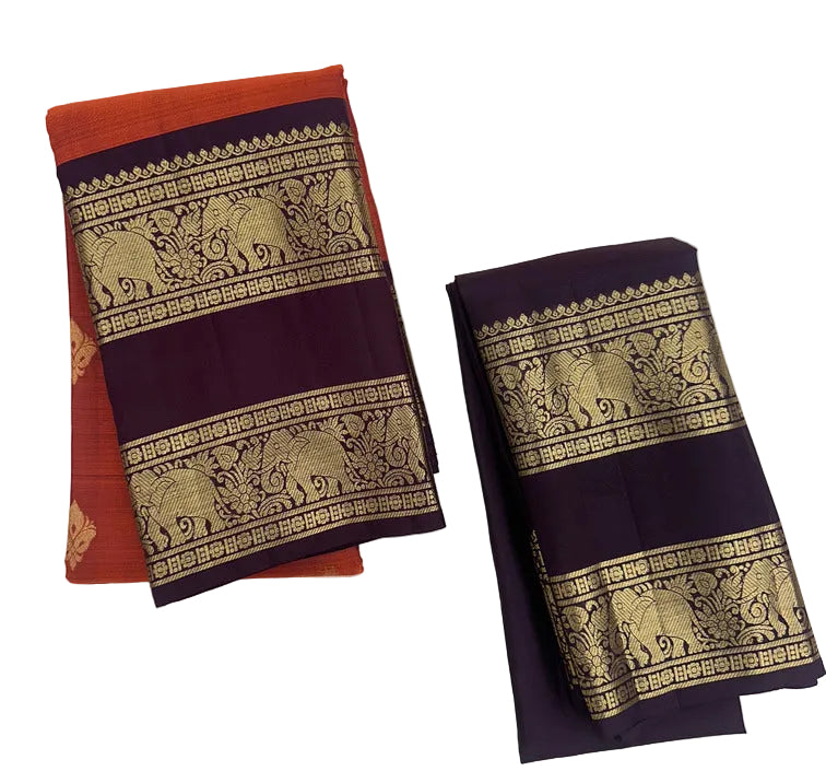 Deep Orange Kanjivaram Saree with wine color border with Elephant Motif