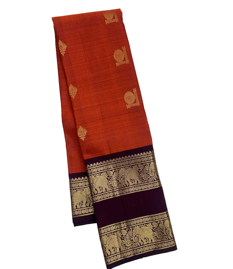 Deep Orange Kanjivaram Saree with wine color border with Elephant Motif