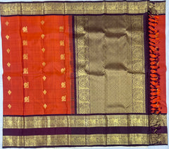 Deep Orange Kanjivaram Saree with wine color border with Elephant Motif