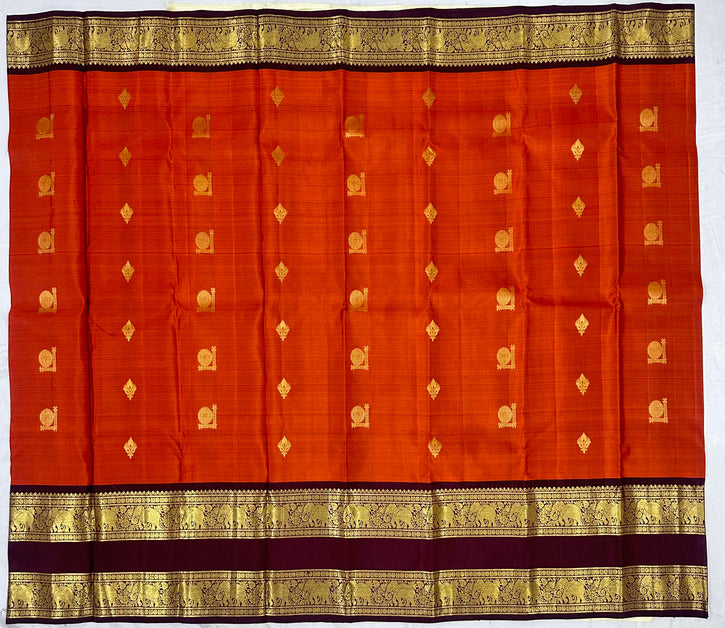 Deep Orange Kanjivaram Saree with wine color border with Elephant Motif