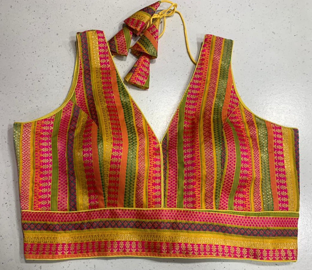 Multi-color Benarasi Padded Blouse with Pink, Yellow, Green Vertical Stipes