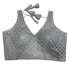 Steel Grey Padded Blouse with Silver Embroidery