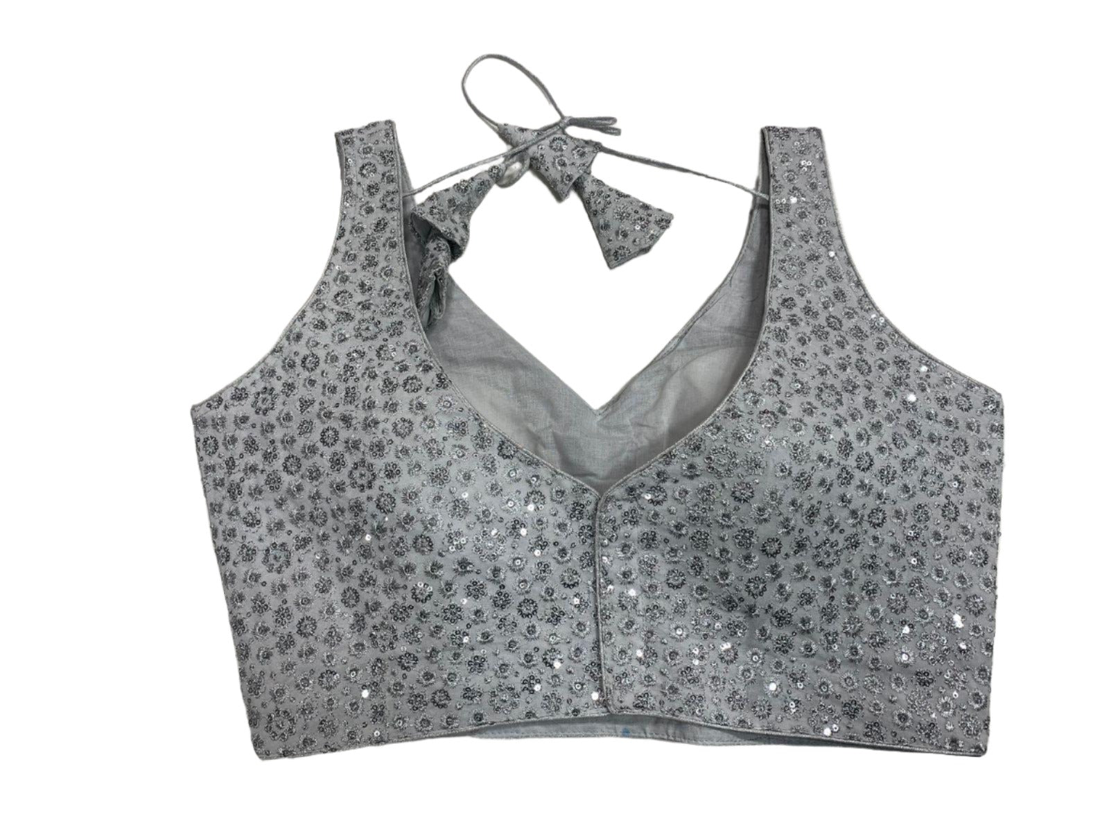 Steel Grey Padded Blouse with Silver Floral Embroidery