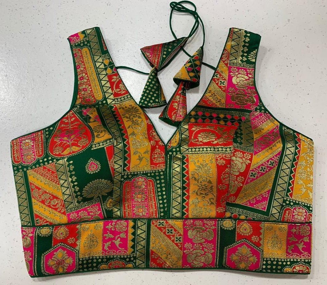 Dark Green Benarasi Padded Blouse with Yellow, Orange, Gold Patterns