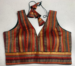 Multi-color Benarasi Padded Blouse with Gold, Black, Orange Vertical Stripes