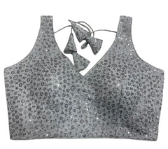 Steel Grey Padded Blouse with Silver Floral Embroidery