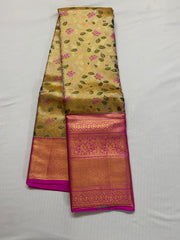 Gold tissue floral Silk Saree with Rani Pink and Zari Border