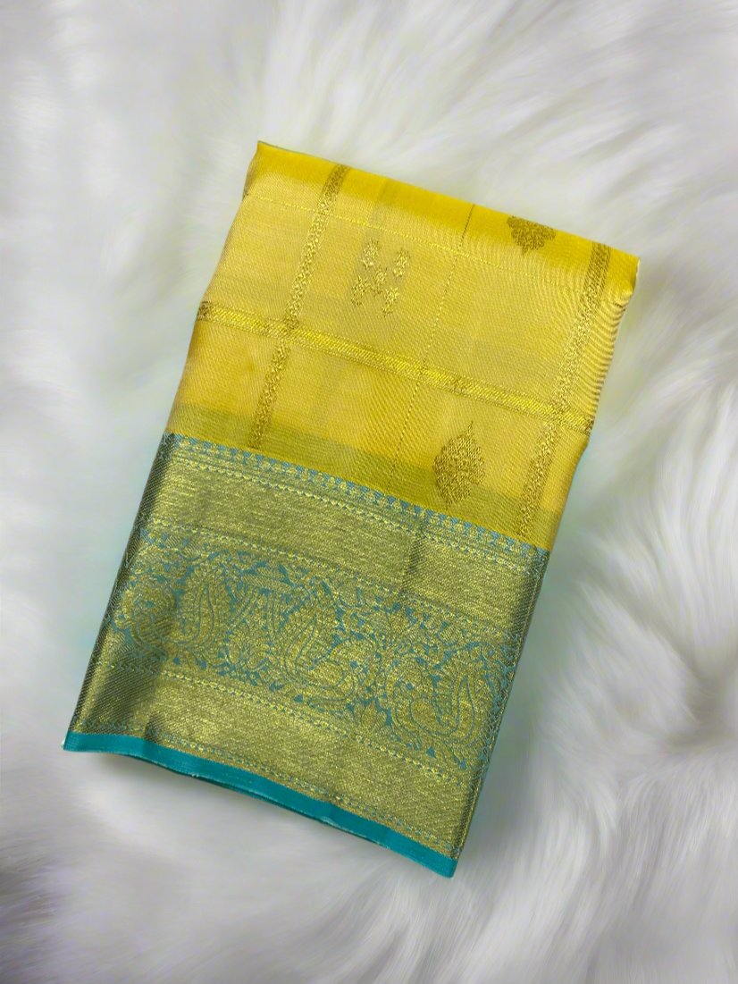 Lemon Yellow Kanjivaram Saree with Light Blue Border