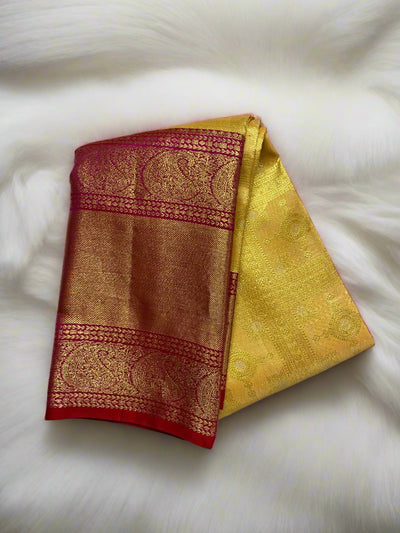 Golden Kanjivaram Saree with Brick Red Border - MIRASILKS Golden Kanjivaram Saree with Brick Red Border 